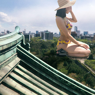 giantess collage city swimsuit brunette asian kneeling hat kyojingirls
