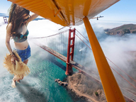 giantess collage long_hair barefoot cleavage ocean brunette asian shorts airplane looking_down sunglasses point_of_view golden_gate_bridge top san_francisco fog wading straw_hat kyojingirls