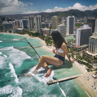 bikini gentle giantess collage city long_hair beach barefoot ocean brunette asian sitting pier kyojingirls
