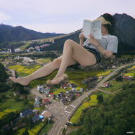 giantess collage brunette asian lying_down mountains forest book reading kyojingirls