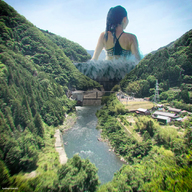 giantess collage swimsuit water wet brunette asian mountains forest dam kyojingirls