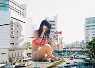 giantess collage city swimsuit barefoot brunette asian sunglasses cellphone kyojingirls