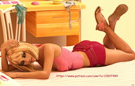 blonde long_hair bed domination lying_down sandals shorts shrunken_man mr_luigi top looking_at_viewer digital_render