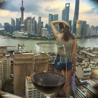 giantess collage city long_hair buildings ponytail shorts standing purse top china looking_away wine_glass shanghai kyojingirls