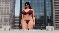 bikini gentle giantess city black_hair long_hair cleavage buildings navel looking_down standing rooftop digital_render exercising galiagan