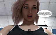 blonde black_hair clothed cleavage domination story shrunken_woman dialogue locker_room digital_render up_close between_breasts aaabbbzzz