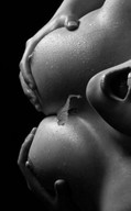 breasts nipples collage monochrome wet shrunken_man open_mouth squeezing between_breasts sfxhh3