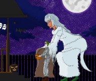 drawing white_hair color blue_eyes brown_eyes green_hair mini_giantess halloween amazon cosplay costume monster_girl dark_souls crossbreed_priscilla digital_render sayerraider