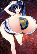 drawing giantess earth space color planet barefoot red_eyes blue_hair huge_breasts looking_at_viewer cosmic_giantess neptunia between_breasts start