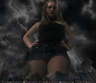 giantess collage city blonde fishnets looking_down looking_at_viewer lightning crowds hands_on_hips kingkoopz123