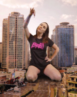 giantess collage city buildings brunette kneeling animation dangle between_fingers docop looking_at_tiny jaelynn