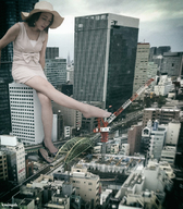 giantess collage feet city brunette sandals tokyo hat sitting_on_building crane kyojingirls