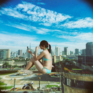 giantess collage city swimsuit brunette asian sitting sunglasses cellphone kyojingirls