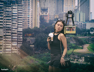 giantess collage city brunette asian drink sunglasses cable_car looking_at_tiny kyojingirls