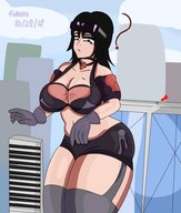 drawing giantess city black_hair color blue_eyes cleavage buildings gloves sunglasses looking_at_tiny on_breasts fullautogts