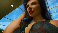 long_hair clothed cleavage brunette shrunken_man standing looking_up top looking_away digital_render up_close mundogts