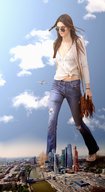 giantess collage city mega black_hair long_hair bridge destruction clothed buildings jeans sandals airplane walking sunglasses purse