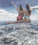 giantess collage city mega long_hair butt swimsuit barefoot buildings brunette sitting giantesses manhattan new_york_city