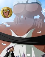 drawing giantess bleach blonde color long_hair purple_hair huge_breasts low_angle multiple_sizes unaware giantesses dark_skin dialogue broku5000