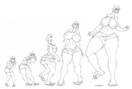 drawing growth blushing monochrome barefoot huge_breasts breast_expansion looking_down growth_sequence ripped_clothing thick_thighs homer-rier