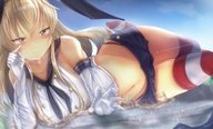 drawing giantess blushing giga city blonde color destruction lying_down striped_socks kantai_collection shimakaze_(kantai_collection) alice-magic