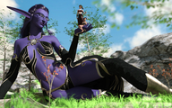 gentle clothed fantasy handheld purple_hair lying_down amazon shrunken_women night_elf purple_skin digital_render madamemaeve
