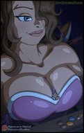 drawing color large_breasts long_hair blue_eyes cleavage brunette smiling shrunken_woman food jora-bora between_breasts