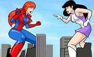 breasts drawing giantess mega black_hair color destruction crossover gloves red_hair boots fighting skyscraper giantesses avengers thighs towering costume lois_lane doom_patrol giant_girl inspector97 dc_comics mary_jane elasti-girl marvel_comics fusion
