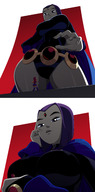 breasts drawing giantess mega alien comic color handheld purple_hair raven teen_titans red_hair starfire shrunken_woman thighs cape belt leotard looking_at_victim low_angle_pov dc_comics orange_skin bare_legs grey_skin looming_over ravenravenraven