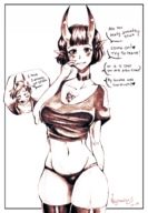 breasts drawing gentle giantess horns monochrome black_hair demon huge_breasts smiling demoness looking_down thighs voluptuous thick_thighs nigromics