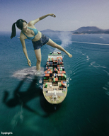 bikini giantess collage barefoot cleavage skirt ocean asian straddling ships wading containers kyojingirls