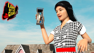 giantess black_hair handheld phone_booth leaning_on_building drcreep looking_at_tiny digital_render