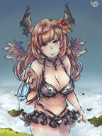 drawing giantess horns wings mega color red_eyes red_hair clouds floating_islands popsicle embernaga granblue_fantasy olivia_(granblue_fantasy)