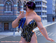 giantess handheld cleavage purple_hair street mini_giantess kissing muscles amazon ilayhu lifting digital_render