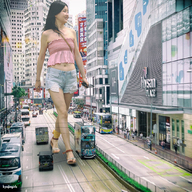 giantess collage city black_hair asian street walking vehicles kyojingirls