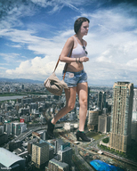 giantess collage city high_heels buildings glasses short_hair short_shorts walking purse bare_midriff kyojingirls