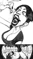 drawing vore monochrome tongue teeth shrunken_man inside_mouth dangle spittyart