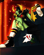 breasts drawing giantess feet alien color barefoot red_eyes socks gloves sitting sneakers freckles disney legs_crossed helmet green_skin bare_legs bubimun bare_midriff lord_dominator wander_over_yonder