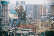 giantess collage city black_hair long_hair destruction clothed buildings jeans asian sitting highway map leather_jacket lost kyojingirls