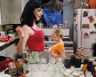 collage blonde black_hair long_hair clothed kitchen shrunken_woman standing size_comparison innerspaceexplorer