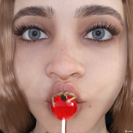 vore blonde long_hair blue_eyes domination lips face shrunken_man naked_man sucking lollipop digital_render up_close vorifax
