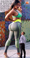 collage butt clothed cleavage high_heels domination shrunken_man looking_down standing pants tattoo dialogue squeezemeflat sports_bra