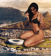 bikini collage city mega black_hair cleavage ocean buildings stadium kneeling fork looking_down mountains tattoo redcoffee1