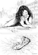 drawing giantess crush city monochrome long_hair destruction buildings smiling lying_down foot_crush foot_print papayoya