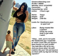 collage black_hair large_breasts long_hair cleavage high_heels jeans shorts shrunken_man looking_down size_comparison top dialogue squeezemeflat data_file dating_service