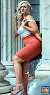 crush collage blonde long_hair barefoot skirt high_heels jeans domination shrunken_man tattoo braid top squeezemeflat looking_away pillars