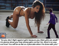 collage panties long_hair butt cleavage bra high_heels brunette domination shrunken_man standing dialogue squeezemeflat crawliing