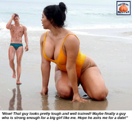 gentle collage black_hair beach barefoot cleavage ocean wet mini_giantess kneeling walking dialogue swimwear squeezemeflat