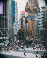 giantess collage city long_hair buildings brunette street sandals short_shorts tokyo onlookers purse cellphone sweatshirt bare_midriff kyojingirls