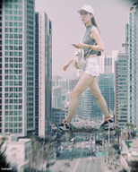 giantess collage city clothed buildings asian street shorts walking purse top ballcap kyojingirls